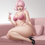  ai_generated almost_nude black_lipstick bra chubby chubby_female couch eyelashes heeled_shoes high_heels lingerie panties pink_bra pink_eyes pink_hair pink_panties semi_nude short_hair stable_diffusion underwear wine_glass 