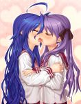 2girls ahoge arm_grab art artist_request blue_hair blush closed_eyes female french_kiss friends hair heart heart_background hug hugging kagami_hiiragi kiss kissing konata_izumi long_hair long_sleeves love lucky_star multiple_girls open_mouth purple_hair saliva school_uniform serafuku sweat tongue tongue_out twintails very_long_hair yuri