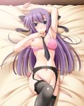  1girl armpits bed blue_eyes blush bra breasts female garter_belt ginga_nakajima groin lingerie long_hair lying lyrical_nanoha mahou_shoujo_lyrical_nanoha mahou_shoujo_lyrical_nanoha_strikers midriff mound_of_venus narutaki_shin navel necktie nipples panties purple_hair ribbon side-tie_panties solo thighhighs underwear 