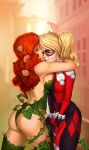 2_girls 2girls ass batman_(series) blonde_hair blue_eyes bodysuit city crying dc dc_comics domino_mask flower gloves green_eyes hair_flower hair_ornament harley_quinn hugging ivyquinn jester leotard long_hair makeup mask multiple_girls orange_hair plant poison_ivy red_hair saneperson short_hair strapless tears thighhighs twin_tails vine yuri