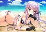 1girl arm_support beach bikini black_bikini black_gloves blush braid breasts cloud clouds curvy dangan-ronpa dangan_ronpa danganronpa danganronpa_1 female gloves hair_ribbon kirigiri_kyouko long_hair looking_at_viewer lying navel ninoko ocean off_shoulder on_side purple_eyes purple_hair ribbon shiny shiny_skin side-tie_bikini single_braid sky solo strap_gap strap_slip sweat swimsuit water wide_hips