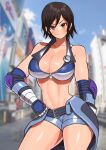  1girl abs akisu_k alluring athletic_female bare_shoulders big_breasts black_hair breasts brown_eyes cleavage cropped_jacket female_abs female_focus fit_female gloves kazama_asuka midriff namco outside revealing_clothes short_hair shorts sleeveless tekken 