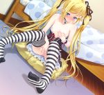  1girl bare_shoulders bed blonde_hair blue_eyes blush breast_grab breast_hold breasts censored choker collar corset feet female fingering flat_chest frills game_cg gothic_lolita hair_ribbon happoubi_jin kanojo_x_kanojo_x_kanojo lock lolita_fashion long_hair masturbation nipples no_panties orifushi_mafuyu pussy ribbon self_fondle sitting solo striped striped_legwear striped_thighhighs thighhighs twintails wrist_cuffs 