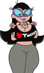  1female 1girl 2020 2020s absurd_res aged_up bedroom_eyes between_breasts black_hair boba_tea boba_tea_challenge breast_focus cleavage digital_media_(artwork) female_focus female_only glasses jaythebrainmann lipstick long_hair midriff nail_polish navel not_furry not_furry_focus object_between_breasts pointing_at_self purple_lips purple_lipstick purple_nail_polish purple_nails simple_background straw sweatpants t-shirt the_fairly_oddparents thumbs_up tootie transparent_background 