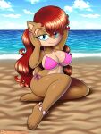 1girl anthro archie_comics beach bikini blue_eyes blue_sky chipmunk cleavage ocean omegasunburst red_hair sally_acorn sega sonic_(series) sonic_the_hedgehog_(series)