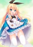  1girl :o alice_(wonderland) alice_in_wonderland apron blonde_hair dress dress_lift female green_eyes long_hair looking_at_viewer open_mouth panties ryo_(artist) ryo_(botsugo) solo thighhighs underwear white_legwear white_panties 