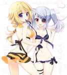  2girls ameto_yuki ass bikini blonde_hair blue_hair braid breasts butt_crack charlotte_dunois d: eyepatch female flat_chest frills infinite_stratos laura_bodewig long_hair looking_back mouth_hold multiple_girls navel nipple_slip nipples open_mouth purple_eyes red_eyes sideboob swimsuit twintails untying 