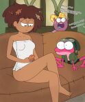 10s 1boy 1girl 2019 2_girls 2d age_difference amphibia anne_boonchuy breasts complaining dark-skinned_female dark_skin disney disney_channel disney_xd english_text hop_pop_plantar indoors leaves leaves_in_hair older_female polly_plantar silvercoconut sitting_on_couch smartphone sprig_plantar staring straight_hair teen teenage_girl teenage_girl_and_younger_boy text thick_thighs towel_only young younger_male