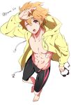 1boy blonde_hair female free! hazuki_nagisa jacket jammers male male_focus open_mouth solo standing swim_briefs swimsuit topless wink