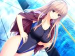 1girl akatsuki_works_hibiki blonde_hair breasts brown_eyes curvy female game_cg hand_on_hip highres iizuki_tasuku large_breasts legs long_hair looking_away lovely_x_cation pool smile solo standing swimming_pool swimsuit thighs water