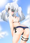 bikini cameltoe eyepatch female infinite_stratos kannagi_tsukasa laura_bodewig long_hair mizugi oshiri red_eyes silver_hair swimsuit thong_bikini twin_tails twintails