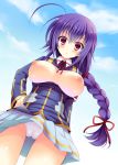 1girl ahoge blush braid breasts breasts_outside cameltoe cloud female kuroe_(sugarberry) kurokami_medaka large_breasts long_hair looking_at_viewer medaka_box miniskirt nipples open_clothes panties pantyshot pleated_skirt purple_eyes purple_hair school_uniform skirt sky solo standing thigh_gap thighs underwear upskirt white_panties