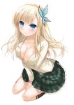  1girl blonde_hair blue_eyes blush boku_wa_tomodachi_ga_sukunai breasts butterfly_hair_ornament cleavage down_blouse downblouse female hair_ornament kashiwazaki_sena kneeling long_hair nakajima_yuka school_uniform skirt solo 