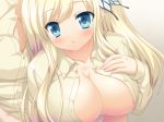 1girl blonde_hair blue_eyes blush boku_wa_tomodachi_ga_sukunai breasts butterfly_hair_ornament cleavage female hair_ornament hand_on_own_chest kashiwazaki_sena large_breasts long_hair nanami_ayane open_clothes open_shirt pajamas shirt solo_focus