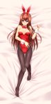  1girl animal_ears blue_eyes blush brown_hair bunny_ears bunny_girl bunnysuit dakimakura female highres long_hair lying makise_kurisu on_back pantyhose solo steins;gate surume_(clavis) wrist_cuffs 