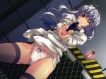  1girl blush bow bow_panties dutch_angle female full_metal_panic! gun long_hair nagayori necktie no_pants one_eye_closed panties pov shirt silver_hair solo teletha_testarossa thighhighs underwear weapon white_panties wink 