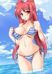 1girl :p big_breasts bikini blush breasts cute erect_nipples female hair huge_breasts kawase_seiki kousaka_tamaki large_breasts long_hair looking_at_viewer navel red_eyes red_hair side-tie_bikini solo string_bikini striped striped_bikini striped_swimsuit swimsuit to_heart_2 tongue tongue_out undressing wading water wide_hips