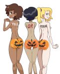  2d 3_girls 3girls ahoge amphibia anne_boonchuy beauty_mark best_friends black_hair blonde_hair blush bodypaint brown_hair casual ceyionmilktea completely_nude completely_nude_female dark-skinned_female dark_hair dark_skin disney disney_channel female_only group halloween human light-skinned_female light_hair light_skin looking_at_viewer looking_back looking_back_at_viewer marcy_wu messy_hair nipples nude nude_female pale_skin ponytail pumpkin_butt rear_view sasha_waybright small_breasts smile straight_hair sweat taiwanese take_your_pick teen teenage_girl thai trick_or_treat trio white_background young 