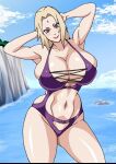 1girl arms_behind_head beach big_breasts blonde_hair boruto:_naruto_next_generations brown_eyes female female_focus female_only long_hair looking_at_viewer mature mature_female naruho naruto naruto_(classic) naruto_shippuden one-piece_swimsuit outside posing purple_swimsuit revealing_swimsuit shounen_jump slut slutty_outfit solo_female solo_focus tagme thick_thighs tsunade whore