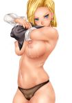 1girl android_18 armpit_hair belly blonde_hair blue_eyes breasts dragon_ball dragon_ball_z female hair highres lactation large_breasts navel nipples panties pubic_hair puffy_nipples sakuradou see-through solo sweat underwear undressing