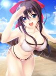 1girl beach bikini blue_eyes blush blushing bow breasts cleavage erect_nipples female hair_ribbon hands highres huge_breasts kichi_hyuuma large_breasts long_hair navel open_mouth original ribbon shading_eyes side-tie_bikini sideboob smile solo sun sweat swimsuit yoshi_hyuuma