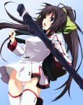  1girl black_hair blue_eyes blush boots female infinite_stratos long_hair open_mouth panties pantyshot pantyshot_(standing) ponytail saipaco shinonono_houki simple_background solo standing thighhighs underwear uniform wind_lift 