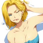 1girl adjusting_hair android_18 aqua_dress arm arm_up armpits arms art babe bare_shoulders big_breasts blonde blonde_hair blue_dress blue_eyes breasts cleavage collarbone dragon_ball dragon_ball_z dress dutch_angle earrings female hair hair_grab hairclip hairu highres jewelry large_breasts lips milf mouth_hold neck serious shadow shiny shiny_skin short_hair simple_background solo strapless strapless_dress white_background wink