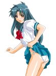  1girl ass blush bow brown_eyes chidori_kaname female full_metal_panic full_metal_panic! green_hair kaname_chidori leaning_forward looking_back panties pleated_skirt school_uniform seifuku serafuku side-tie_panties skirt skirt_lift solo standing tosibow underwear white_panties 