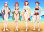  4girls abs alluring athletic_female barefoot beach beach_towel big_breasts bikini bikini_shorts blue_eyes braid breasts casual_one-piece_swimsuit cherche_(fire_emblem) closed_eyes covered_navel female_abs fire_emblem fire_emblem:_mystery_of_the_emblem fire_emblem:_path_of_radiance fire_emblem_awakening fit_female headband high_res leenvidia long_hair medium_breasts minerva_(fire_emblem) multiple_girls nintendo ocean one-piece_swimsuit pink_hair red_eyes red_hair short_hair shorts sports_bikini sully_(fire_emblem) swimsuit titania_(fire_emblem) toned towel water wink 