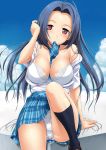  1girl blue_hair bra breasts cleavage female idolmaster lingerie long_hair miura_azusa mouth_hold necktie panties red_eyes rough_time_school school_uniform sky solo takayaki underwear 