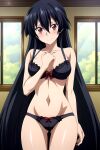  1girl akame_(akame_ga_kill!) akame_ga_kill! alluring big_breasts black_hair bra cleavage lingerie panties red_eyes underwear wakih 