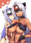  2girls :p ahoge black_gloves blue_eyes blue_hair breasts brown_eyes choker dark_skin female gloves headgear heart hijiri kos-mos kos-mos_ver._4 large_breasts long_hair multiple_girls ribbon_choker smile t-elos tongue tongue_out v xenosaga xenosaga_episode_iii 