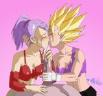 1boy 1girl 2_girls abs anon bisexual bisexual_(female) blonde_hair bra_(dragon_ball) bra_briefs breasts closed_eyes cum cum_on_breasts dragon_ball dragon_ball_multiverse enemy_conversion esejota female_saiyan fingerless_gloves hand_on_head handjob human hybrid majin_bra majin_mark penis purple_hair saiyan selfcest son_bra super_saiyan_2 torn_clothes torn_clothing yellow_hair