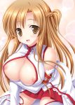 1girl :d areola_slip areolae asuna_(sao) bare_shoulders blonde_hair blush braid breast_hold breasts brown_eyes brown_hair center_opening cleavage cleavage_cutout detached_sleeves female large_breasts long_hair looking_at_viewer nanami_ayane nipple_slip nipples open_mouth shiny shiny_skin sitting skirt smile solo sword_art_online thighhighs white_legwear yellow_eyes