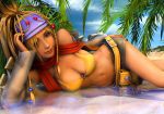 1girl 3d al_bhed_eyes bare_shoulders beach belt bikini_top blonde_hair braid braids breasts cleavage detached_sleeves female female_only final_fantasy final_fantasy_x-2 green_eyes headband hips large_breasts legs long_hair looking_at_viewer lying midriff miniskirt navel ocean on_side rgbabes rikku scarf short_shorts shorts skirt smile solo thighs water