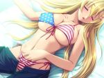 1girl america american_flag american_flag_bikini anetea!? bed belly bikini blonde_hair breasts closed_eyes erect_nipples female flag_print game_cg hair hand_in_panties hand_in_swimsuit huge_breasts jpeg_artifacts long_hair masturbation navel nora_freeman_misora panties pants pants_pull rapapuru side-tie_bikini sleeping solo striped striped_panties swimsuit tajima_yoshikazu underwear unzipped unzipped_pants