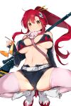 1girl anti-materiel_rifle belt big_breasts bikini bikini_top_only breasts flame_print gun hair_ornament high_res m_legs ponytail red_hair rifle simple_background skull_hair_ornament sniper_rifle stockings studded_belt swimsuit tengen_toppa_gurren-lagann weapon white_background yaegashi_nan yellow_eyes yoko_littner