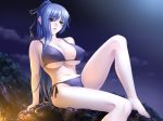 1girl arm_support arms_behind_back bangs bare_shoulders barefoot bikini black_bikini black_swimsuit blue_hair breasts cleavage cloud clouds erect_nipples eyes_visible_through_hair feet female fire from_side g.j? game_cg hair_between_eyes hair_ribbon huge_breasts kneepits leg_up legs lipstick long_hair long_legs looking_afar makeup moonlight mound_of_venus nature navel night night_sky ogushi_yuniko outdoors parted_lips payot ponytail reclining ribbon rock sano_toshihide shichinin_no_online_gamers side side-tie_bikini sideboob sidelocks sitting sky solo star_(sky) starry_sky swimsuit tree trees underboob very_long_hair wide_hips yellow_eyes