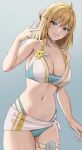  1girl alluring amayo_thranana big_breasts bikini blonde_hair blush breasts cleavage cosplay eunie_(xenoblade) eunie_(xenoblade)_(cosplay) fiora_(xenoblade) green_eyes high_res long_hair looking_at_viewer open_mouth short_hair simple_background smile swimsuit xenoblade_(series) xenoblade_chronicles_(series) xenoblade_chronicles_1 xenoblade_chronicles_3 