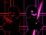  2girls alternate_version_available artist_name bete_noire betty_noire black_background breasts cat08chaos chaoscat08 chara female_only glitchtale glowing glowing_eyes grin knife nipples pink_eyes red_eyes shadow short_hair silhouette undertale undertale_(series) undertale_au weapon 