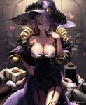 1girl :p alcohol armor bad_id bar beer beer_mug belt blonde_hair box breasts chocolate cleavage collarbone drill_hair feathers female garter_straps gift gift_box hand_on_hip hat heart large_breasts lena_(zoal) long_hair purple_eyes shingeki_no_bahamut smile tongue tongue_out valentine witch_hat