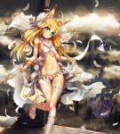 1girl 2013 ahoge animal_ears armlet blonde_hair blue_eyes bracelet feathers female fox_ears glycyrrhizae hair jewelry long_hair looking_at_viewer lots_of_jewelry navel original sandals smile solo thigh_strap