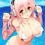  1girl aburidashi_zakuro bikini blush breasts cleavage erect_nipples female headphones huge_breasts lowres micro_bikini nitroplus pink_hair solo sonico soniko string_bikini super_sonico swimsuit 