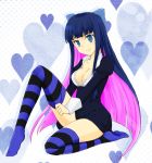 1girl artist_request blue_eyes blue_hair bow breasts cleavage dress female female_only heart heart_background long_hair multicolored_hair panty_&_stocking_with_garterbelt pink_hair sitting smile solo stocking_(psg) stocking_anarchy stockings striped striped_legwear thighhighs two-tone_hair two_tone_hair