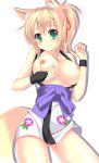 1girl animal_ears blonde_hair blush bow breast_lift breasts breasts_outside dog_days female fox_ears fox_tail green_eyes hair_ribbon highres japanese_clothes large_breasts looking_at_viewer nipples ponytail ribbon smile sogaya solo tail tareme yukikaze_panettone