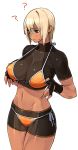 1girl 23_(real_xxiii) :< ? abs aqua_eyes belly bike_shorts bikini blonde_hair blush breasts cleavage dark-skinned_girl_(23) dark_skin female fingerless_gloves gloves hair highres impossible_clothes impossible_shirt midriff muscle muscular_female navel original phantasy_star phantasy_star_online_2 real_xxiii rough sela_(23) shirt short_hair shorts side-tie_bikini simple_background sketch skin_tight solo sweatdrop swimsuit swimsuit_over_clothes tan toned white_background