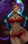 1girl alluring athletic_female blue_eyes breasts brown_body earrings female_abs fit_female lingerie normanthony_07 purple_hair red_lingerie shantae shantae_(character) thighs