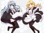  2girls alternate_costume bad_id black_legwear blonde_hair blue_hair blush breasts charlotte_dunois cleavage enmaided eyepatch female infinite_stratos laura_bodewig long_hair long_legs maid maid_headdress multiple_girls nakayama_miyuki open_clothes open_shirt pantyhose purple_eyes red_eyes shirt thighhighs 