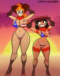 2_girls 4th_of_july american_flag_bikini atomickingboo bethany_hummingbird bikini boots breasts cowgirl gloves grin hat native_american_girl oc original_character printed_bikini rudy_roundup shiny shiny_skin