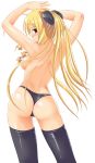 1girl arms_up ass athena_tennousu back backboob bare_back black_thong blonde_hair blush breasts drill_hair female from_behind hayate_no_gotoku! hayate_the_combat_butler long_hair looking_back panties red_eyes sideboob smile solo suzuka_sakito tennousu_athena thighhighs thong topless underwear